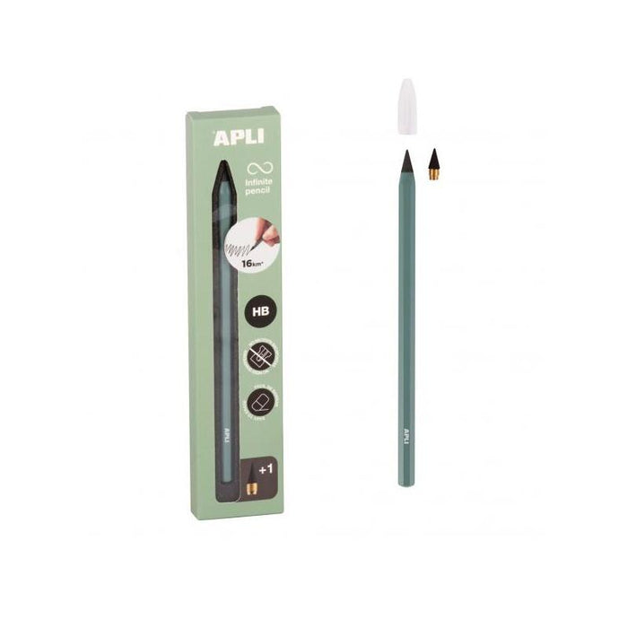 Apli Infinite Pencil Pack De Lapiz Infinito Hb + Mina De Recambio + Tapon Protector - Para Escribir Hasta 16km - Color