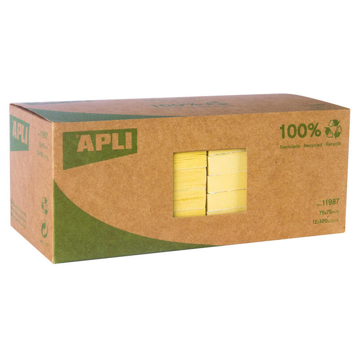 Apli Notas Adhesivas Recicladas Classic 75x75 - 12 Blocs De 100 Hojas - Adhesivo De Calidad - Papel Reciclado - Amarillo