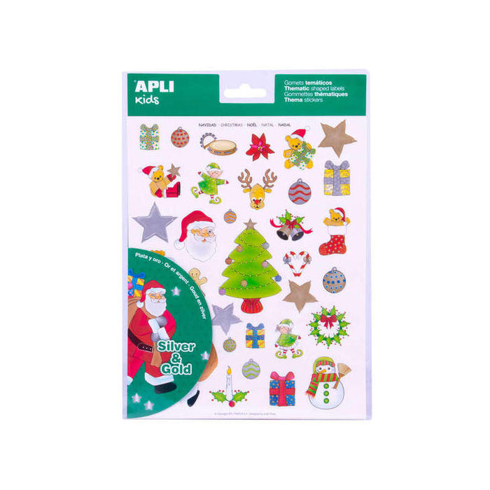 Apli Pack Con 99 Gomets De Tematica Navideña - Ilustraciones Educativas - Adhesivo Removible - Tinta En Acabado Oro Y