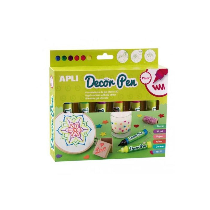 Apli Pack De 6 Rotuladores De Gel 3d Fluor - Ideal Para Decorar Plastico, Madera, Papel, Cristal, Ceramica Y Textil -