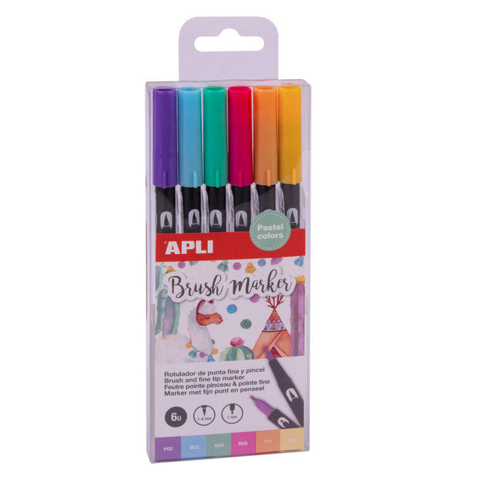 Apli Rotuladores Acuarelables De Doble Punta - 1-4mm Y 1mm - Tonos Pastel - Tinta Base Agua - Mezclables - Pack 6 Colores