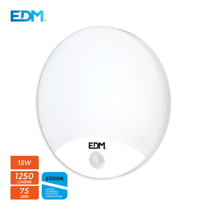 Aplique Redondo Exterior Led 13w 1850lm 6400k Ip44 Ø25x4,9cm Con Sensor De Movimiento Edm