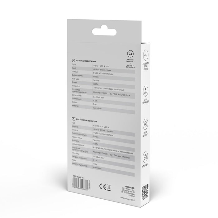 EAN 5901986047735 - Savio Hub USB-C - 4 x USB-A AK-54 USB 3.2 Gen 1 (3.1 Gen 1) Type-A 1000 Mbit/s Negro imagen 8