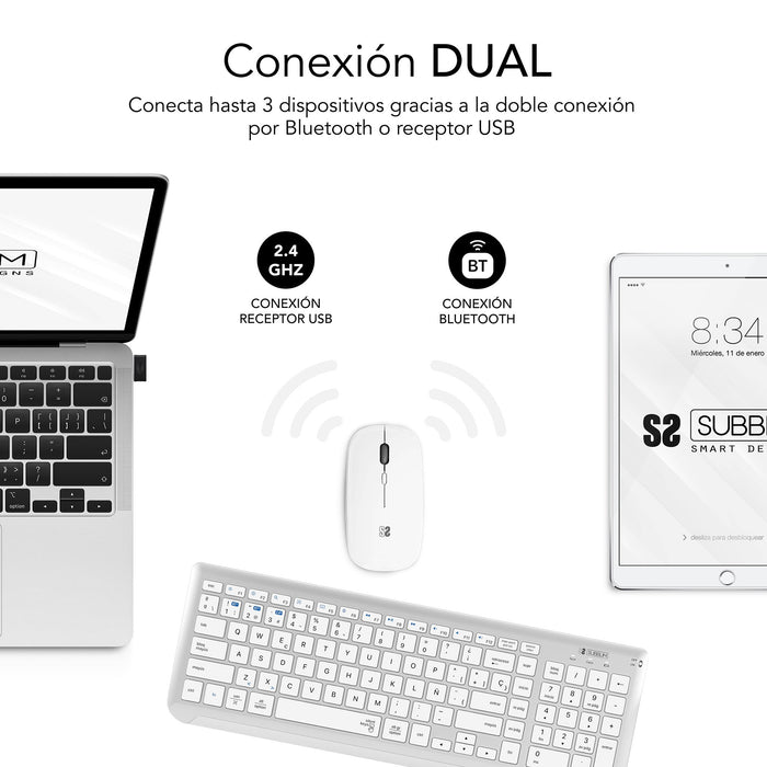 EAN 8436586742621 - SUBBLIM SUBKBC-DCEP10 teclado Ratón incluido Universal RF Wireless + Bluetooth QWERTY Español Plata, Blan imagen 3
