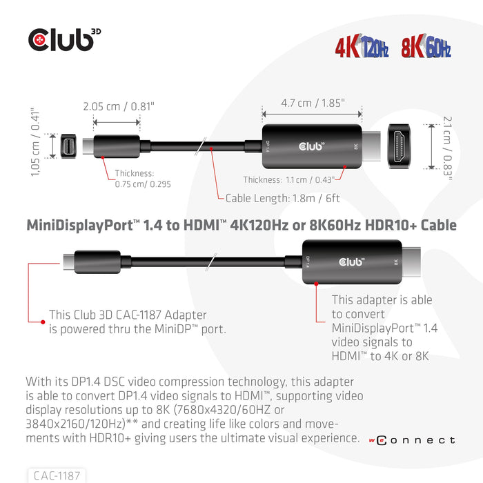 EAN 8719214472535 - CLUB3D CAC-1187 adaptador de cable de vídeo 1,8 m Mini DisplayPort HDMI Negro imagen 3