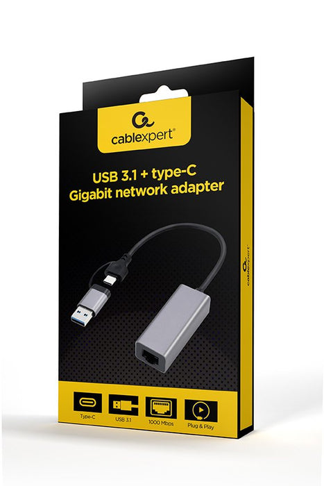 EAN 8716309128186 - Gembird A-USB3AC-LAN-01 USB 3.1 + type-C Gigabit network adapter space grey imagen 3