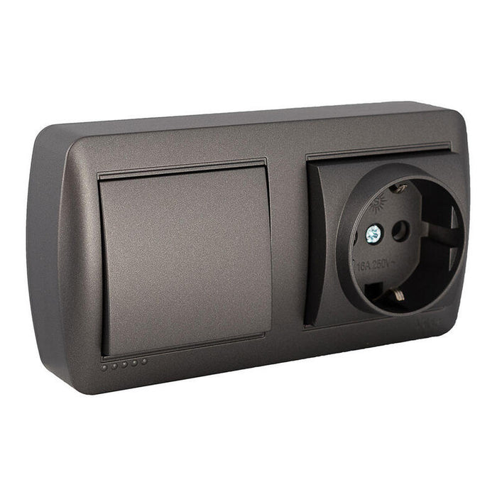 Base Fija 2p+T 16a 250v~ + Conmutador / Interruptor 10ax 250v~. De Superficie. Serie Mural