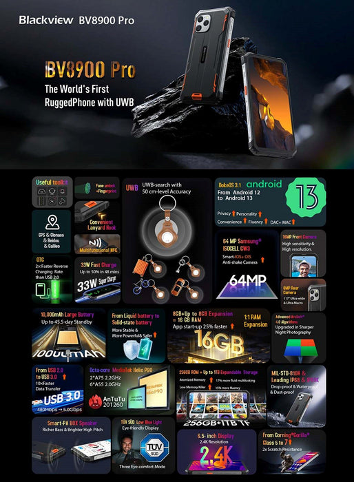 EAN 6931548313526 - Blackview BV8900 16,5 cm (6.5") SIM doble Android 13 4G 8 GB 256 GB 10000 mAh Negro, Naranja imagen 6