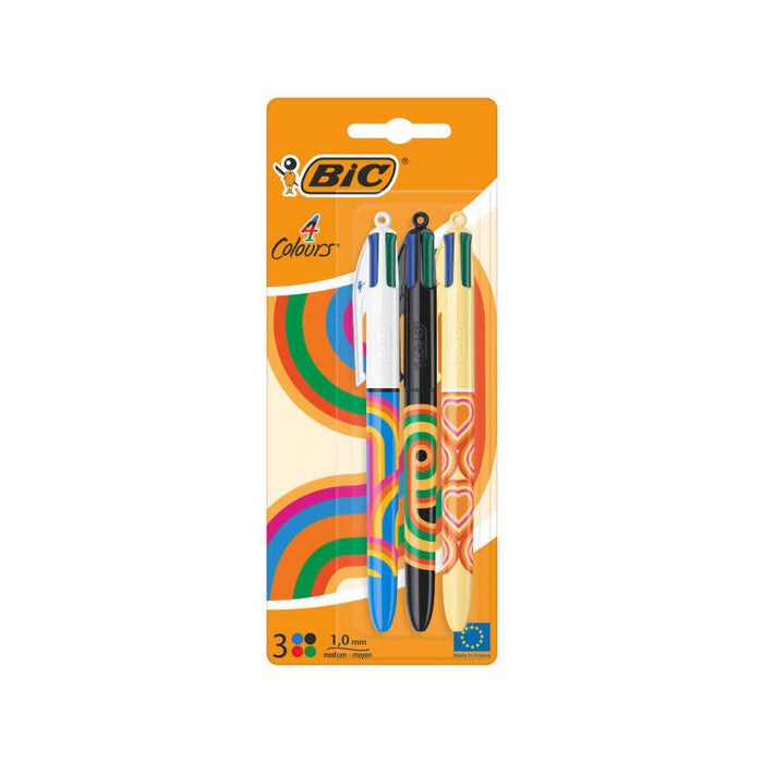 Bic 4 Colours Decors Pack De 3 Boligrafos De Bola Retractil - Punta Media De 1.0mm - Tinta Con Base De Aceite - 4