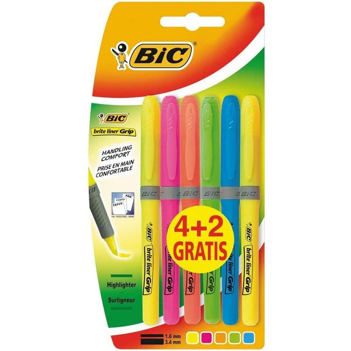 Bic Brit Liner Grip 4+2 Pack De 6 Marcadores Fluorescentes - Tinta Con Base De Agua - Punta Biselada - Trazo Entre 1.60