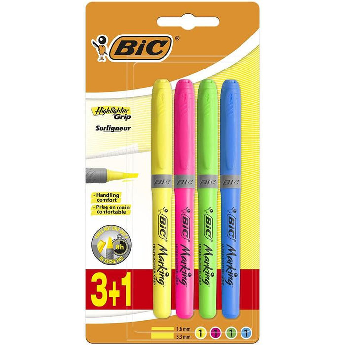 Bic Highlighter Grip Pack De 4 Marcadores Fluorescentes - Tinta Con Base De Agua