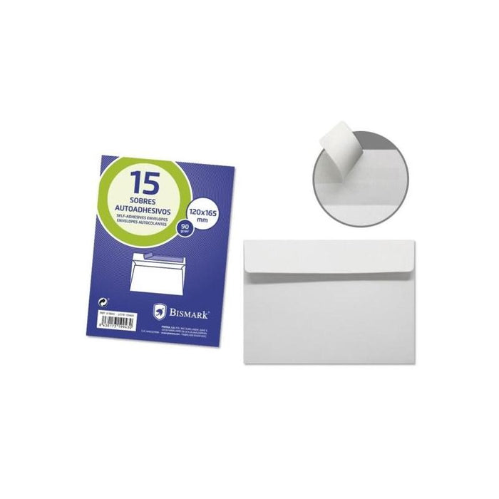 Bismark Pack De 15 Sobres Comercial Papel 90grs - Medidas 120x165mm - Cierre Autoadhesivo - Blanco