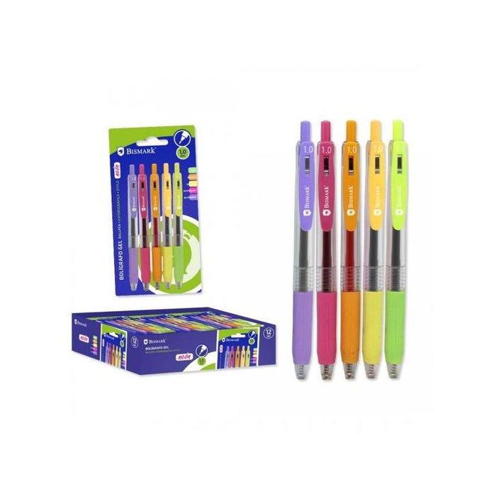 Bismark Pack De 5 Boligrafos Retractiles Tinta Gel - Punta 1.0mm - Escritura Suave - Colores Neon Surtidos