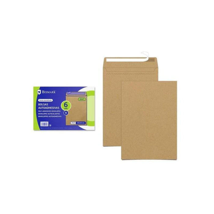 Bismark Pack De 6 Sobres De Papel Kraft 90gr - Medidas 184x261mm - Cierre Autoadhesivo - Marron