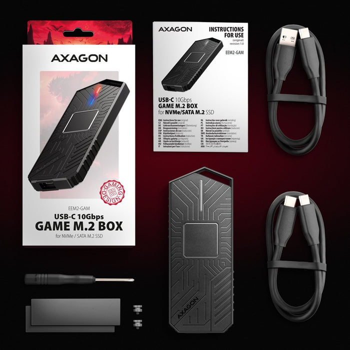 EAN 8595247908544 - Axagon EEM2-GAM, USB-C 10Gbps - NVMe & SATA SSD GAME M.2 box, bezšroubkový Caja externa para unidad de es imagen 22