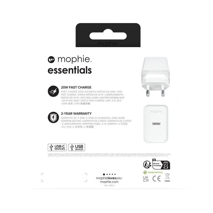 EAN 840056185685 - mophie essentials 20W USB-C PD wall adapter Universal Blanco Corriente alterna Carga rápida Interior imagen 6