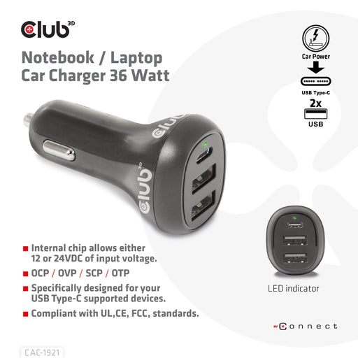 EAN 8719214472788 - CLUB3D USB KFZ-Ladegerät 1xUSB C 2xUSB A 36W 12/24V retail imagen 2