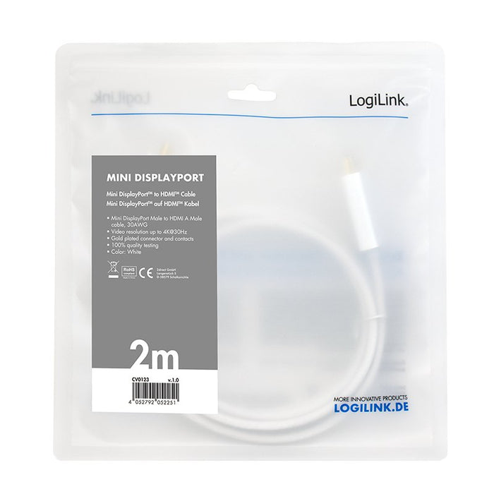 EAN 4052792052251 - LogiLink CV0123 adaptador de cable de vídeo 2 m Mini DisplayPort HDMI tipo A (Estándar) Blanco imagen 3