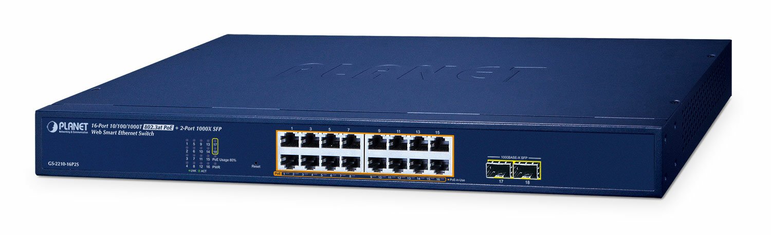 EAN 4711605287623 - PLANET 16-Port 10/100/1000T 802.3at PoE + 2-Port 1000X SFP Web Smart Ethernet Switch (240W PoE Budget, 80 imagen 1