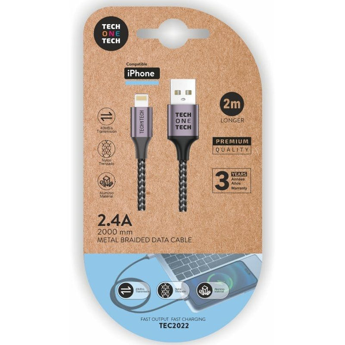 Cable Usb 2.0 Tech One Tech Tec2022 Usb Macho Lightning Macho 2m Gris