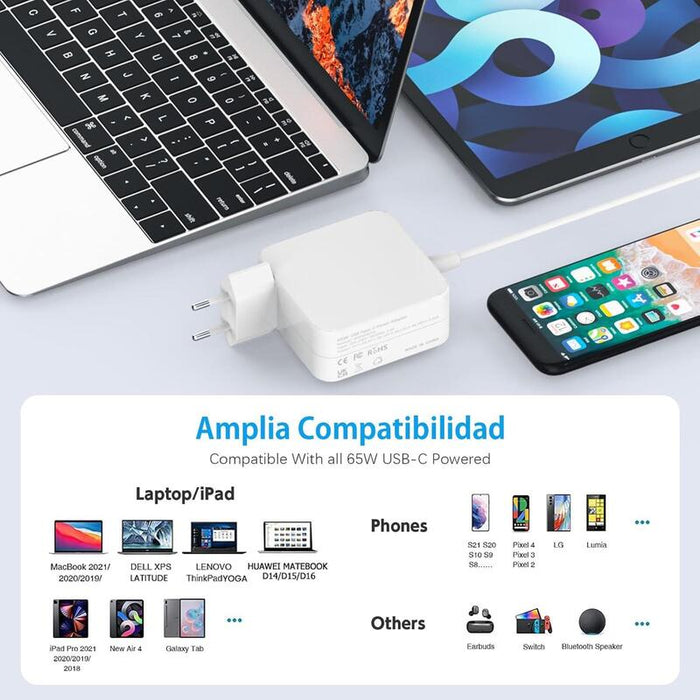 Cargador Usb Tipo-C  5-20v-3,25a  Max 65w Blanco Compatible Con Todo Tipo De Portátiles