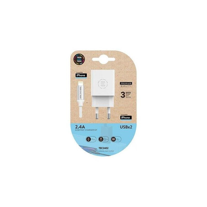 Cargador De Pared Tech One Tech Tec2402 2xusb + Cable Lightning 2.4a Blanco