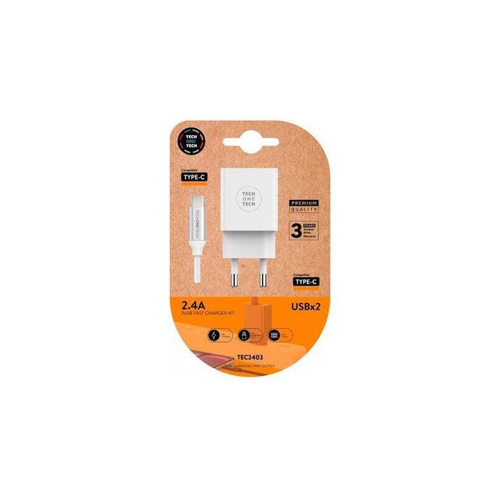 Cargador De Pared Tech One Tech Tec2403 2xusb + Cable Usb Tipo-C 2.4a Blanco