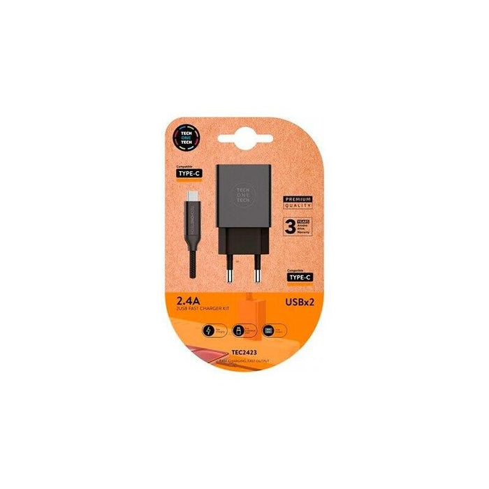 Cargador De Pared Tech One Tech Tec2423 2xusb + Cable Usb Tipo-C 2.4a Negro