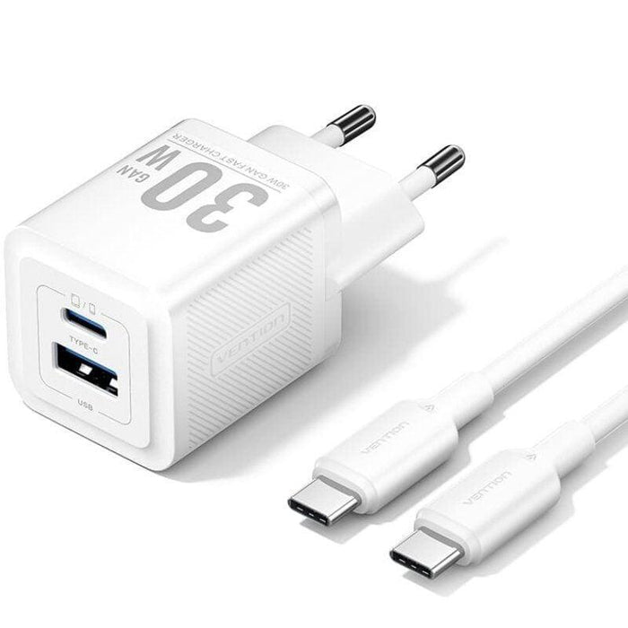 Cargador Gan De Pared Vention Tz-Feqw0-Eu-01 1xusb Tipo-C 1xusb + Cable Usb Tipo-C 30w