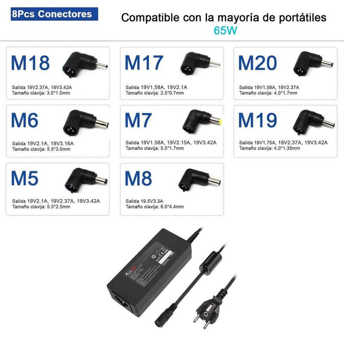 Cargador Universal Para Portátiles 9.5-20v 65w 8 Tips