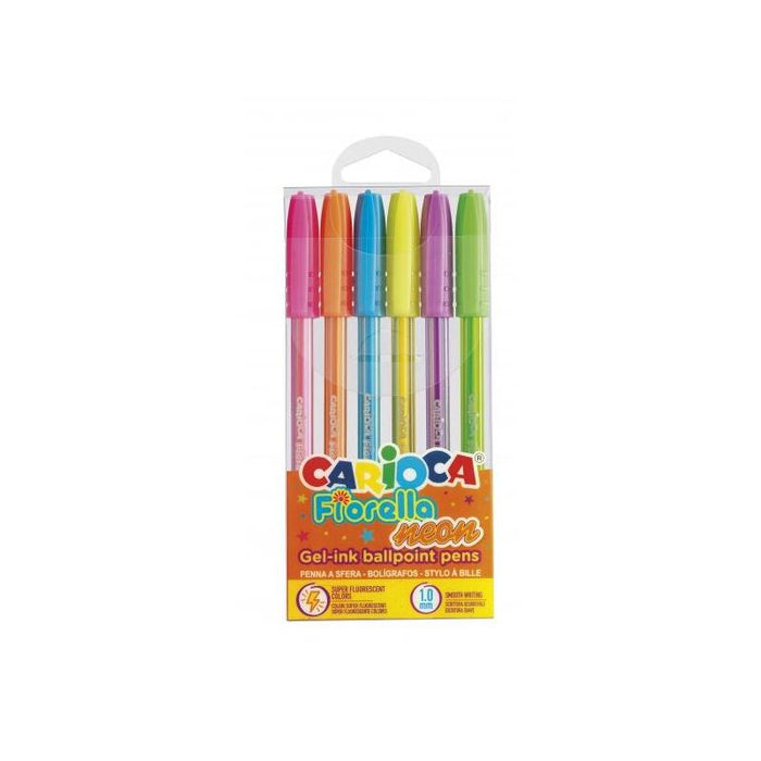 Carioca Fiorella Pack De 6 Boligrafos De Colores Neon - Boligrafo Con Punta De Esfera Y Cuerpo Transparente Fluo -