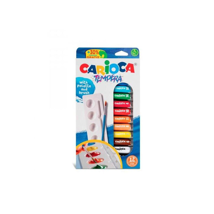 Carioca Pack De 12 Tubitos De Tempera - Incluye Pincel Y Paleta - Colores Superlavables - Alto Poder Cubriente -