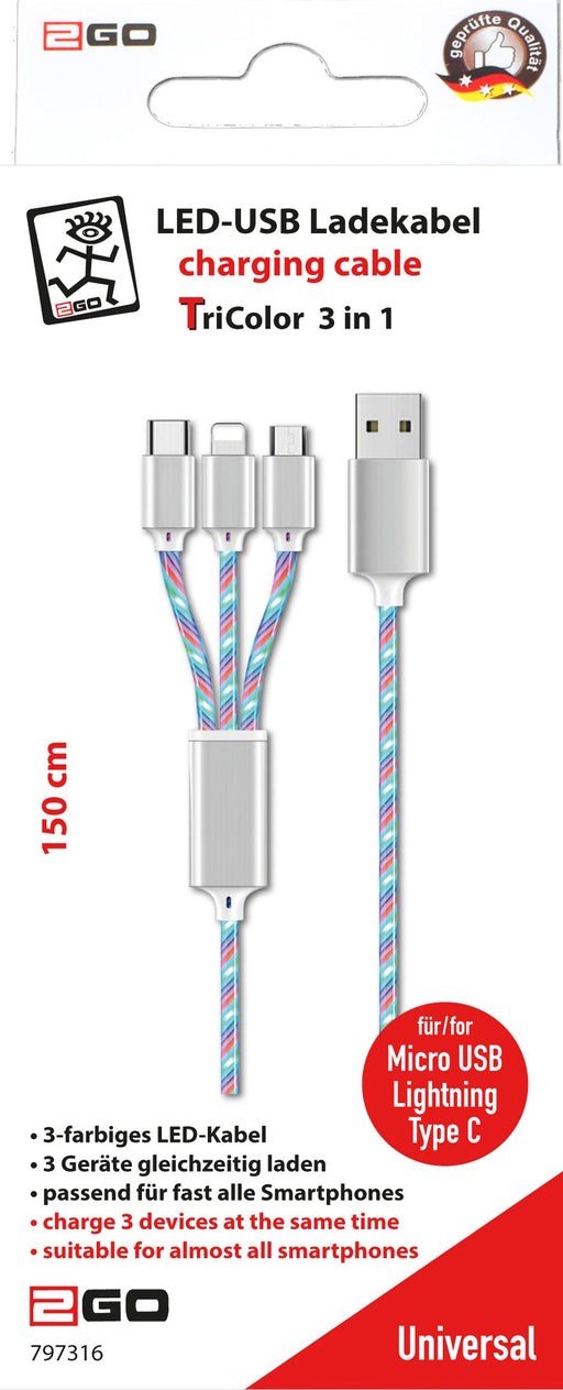 EAN 4010425973168 - 2GO 797316 cable USB 1,5 m USB B USB C/Micro-USB B/Lightning Multicolor imagen 2