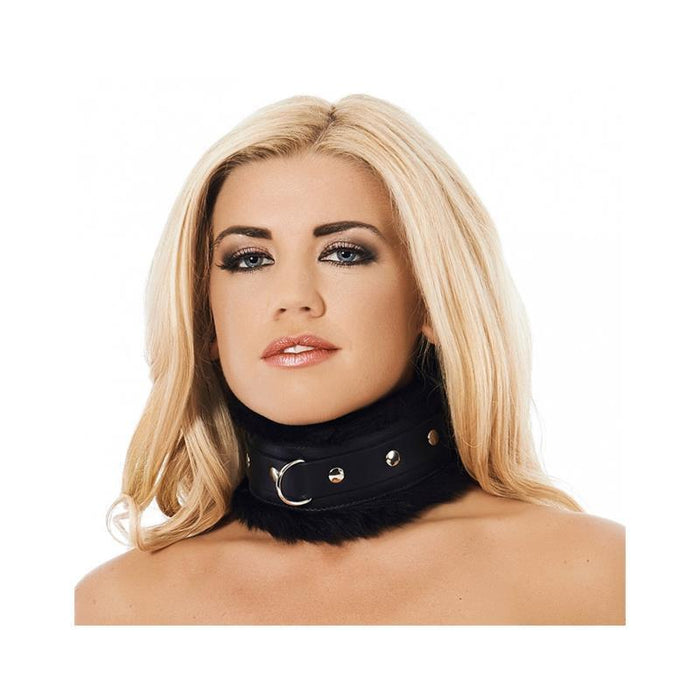 Collar Ancho Cuero Y Pelo Artificial Negro Talla (Interno):M/L