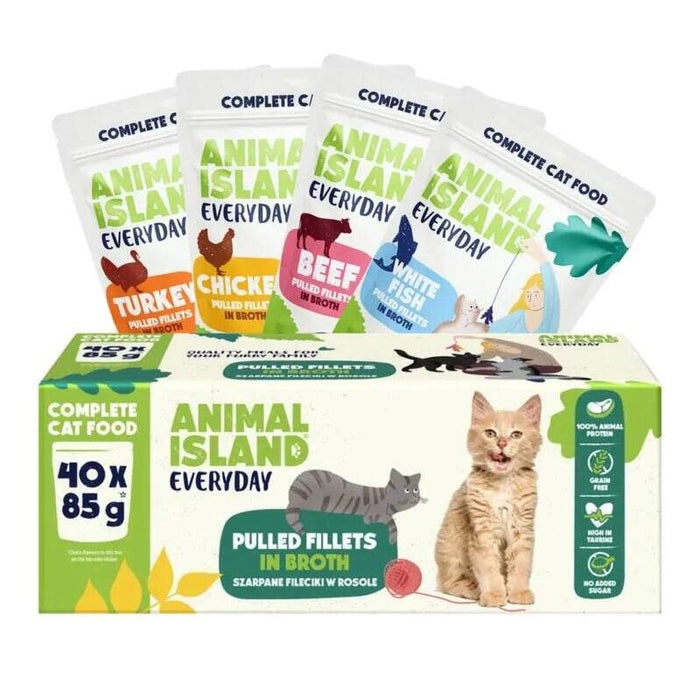 Comida Húmeda Para Gatos  Animal Island Filetes De Carne, Pollo, Pavo Y Pescado Blanco En Caldo 40 X 85g