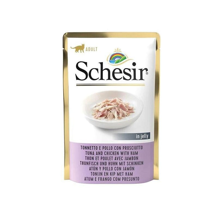 Comida Húmeda Para Gatos Schesir En Gelatina Atún Y Pollo Con Jamón  85 G