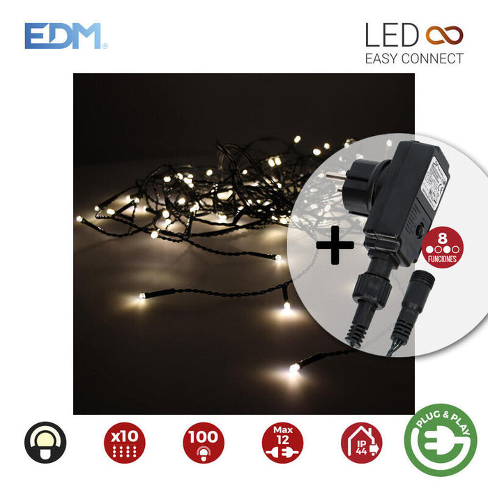 Cortina Con Programdor Easy-Connect 2x1m 10 Tiras 100 Leds Blanco Calido Edm