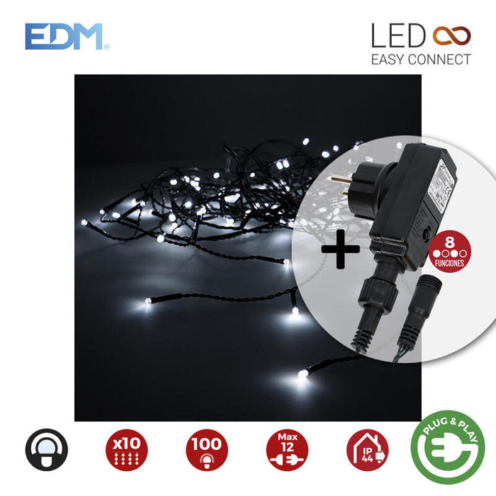 Cortina Con Programdor Easy-Connect 2x1m 10 Tiras 100 Leds Blanco Frio Edm