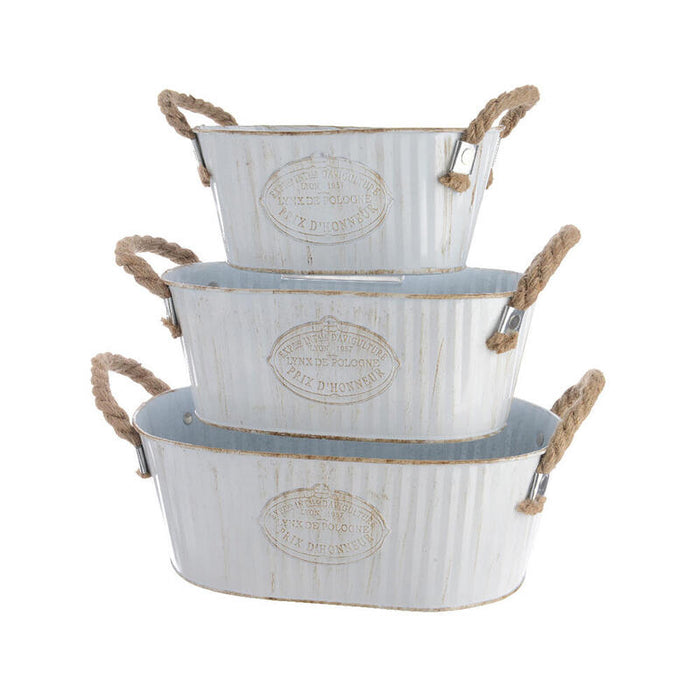 Cubo Zinc Ovalado Con Asa De Cuerda Set De 3unid