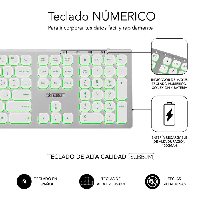 EAN 8436586742652 - SUBBLIM SUBKB-3MIE300 teclado Universal RF Wireless + Bluetooth QWERTY Español Plata, Blanco imagen 6