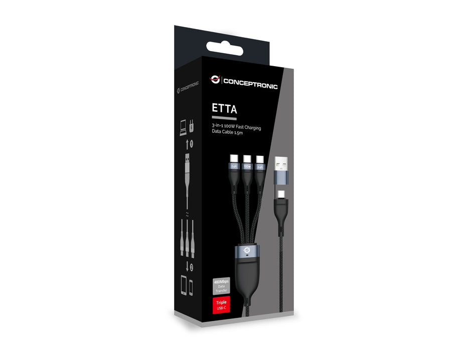 EAN 4015867242407 - Conceptronic ETTA06B15C cable USB USB 2.0 1,5 m USB A/USB C 3 x USB C Negro imagen 2