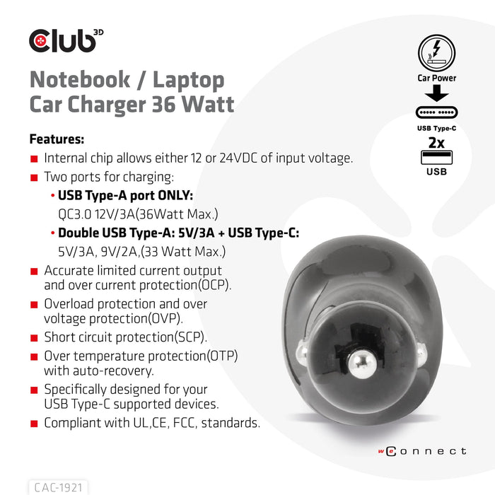 EAN 8719214472788 - CLUB3D USB KFZ-Ladegerät 1xUSB C 2xUSB A 36W 12/24V retail imagen 7