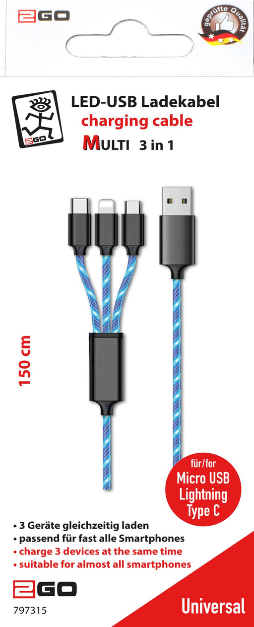 EAN 4010425973151 - 2GO 797315 cable USB 1,5 m USB B USB C/Micro-USB B/Lightning Negro, Azul imagen 2