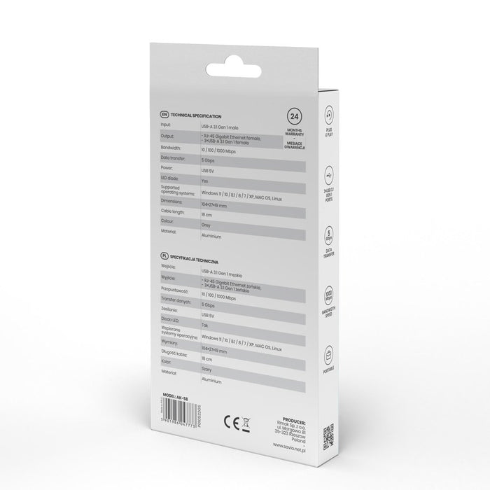 EAN 5901986047773 - Savio AK-57 USB-A - 3 x USB-A HUB with RJ-45 Gigabit Ethernet adapter 5000 Mbit/s grey USB 3.2 Gen 1 (3.1 imagen 9