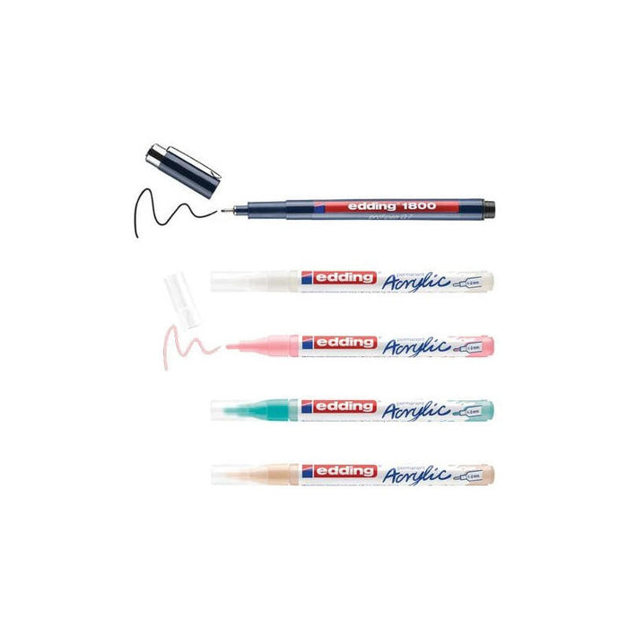 Edding Set Acrilico Manga Pack De 4 Rotuladores 5300 + 1 Rotulador 1800 + 6 Tarjetas En Blanco + 3 Plantillas + 1