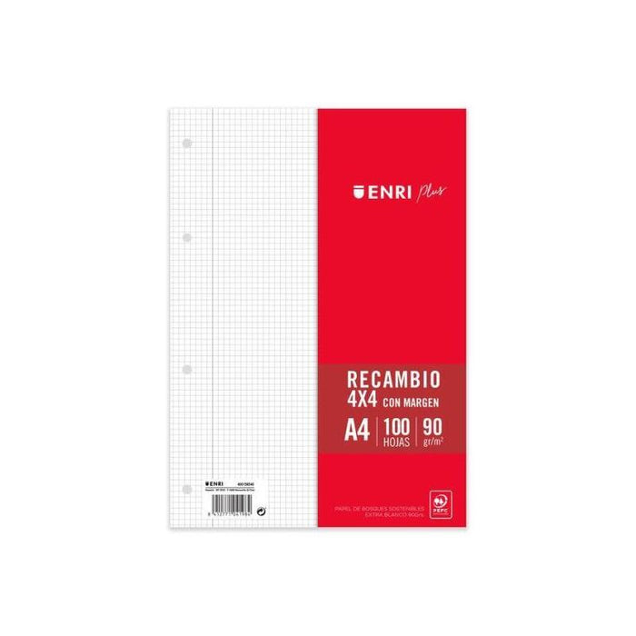 Enri Plus Recambio Formato A4 - Cuadriculado 4x4mm 4 Taladros - 100 Hojas 90gr Con Margen