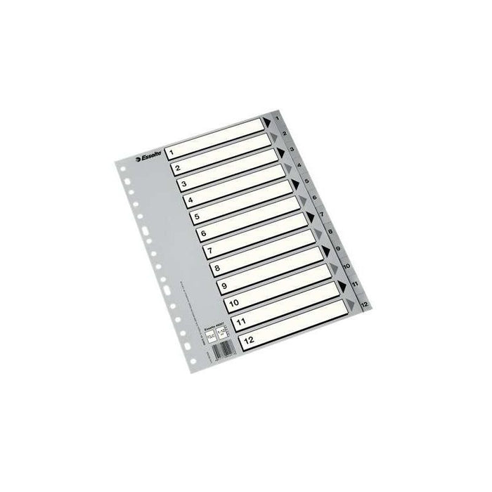 Esselte Indice Numerico De Plastico - Pestañas 1 Al 12 - Multitaladro - Formato Folio - Gris