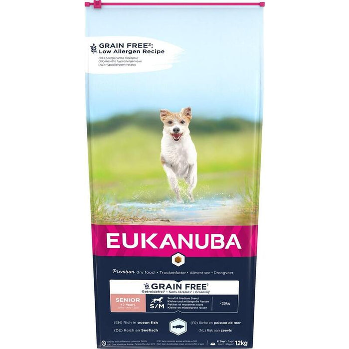 Eukanuba Grain Free Senior Small/Medium Breed, Ocean Fish - Alimento Seco Para Perros - 12 Kg