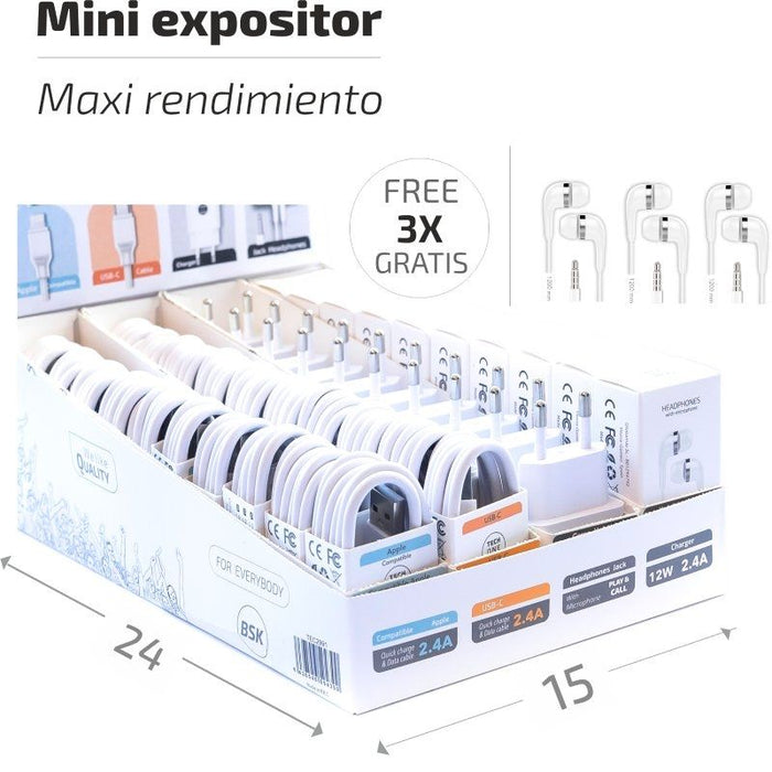 Expositor Bsk Tech One Tec2991 Incluye 10 Cargadores, 20 Cables Basik Y 10 Auriculares