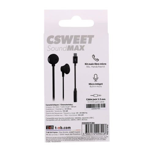 EAN 3303170098448 - T'nB Sweet Auriculares Alámbrico Dentro de oído Llamadas/Música USB Tipo C Negro imagen 6